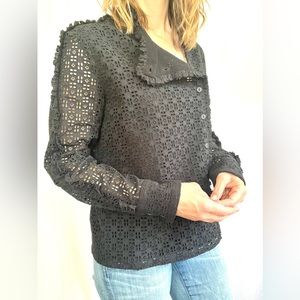 Paul & Joe black eyelet ruffle mock neck button down long sleeve blouse size 1